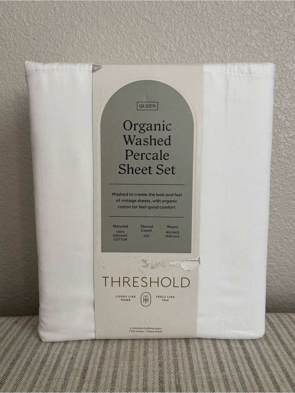 NWT Queen 250 Thread Count Organic Percale Sheet Set True White - Threshold